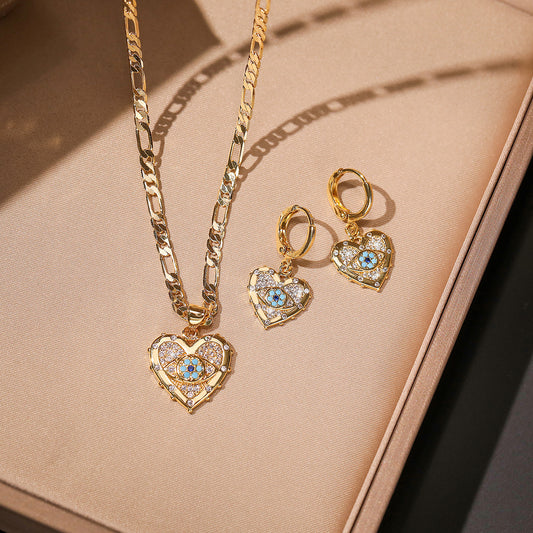Fashion Jewelry Personality Copper Plated Real Gold Heart-shaped Zircon Pendant Necklace And Earrings Suite AURISTRA 
