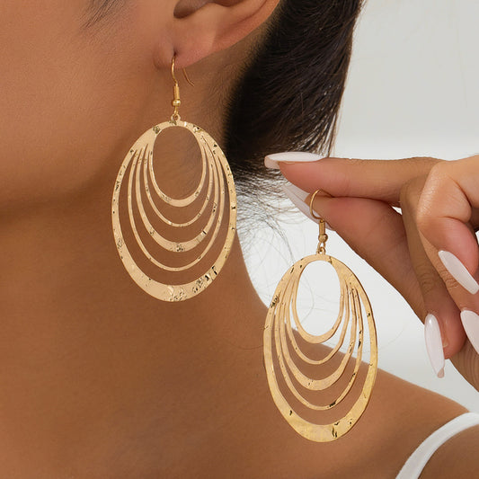 European And American Fashion Elegant 3 Layer Hollow Oval Shaped Big Gold-color Stainless Steel Dangle Drop Earrings AURISTRA 