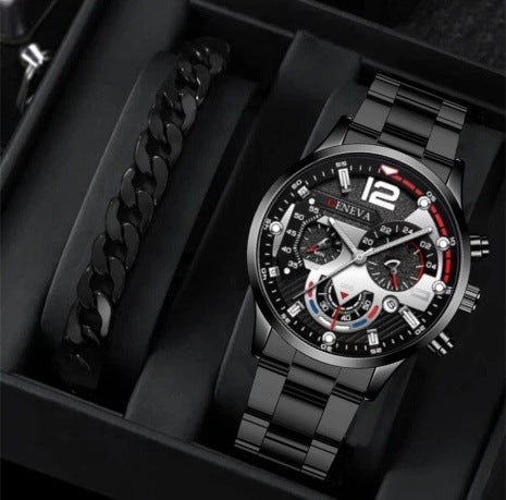 2pcs Men's New Popular Steel Strip Fashion Business Three Eye Quartz Watch Bracelet Set Valentine's Day Gifts AURISTRA 