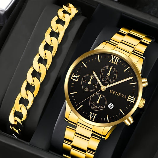 2pcs Men's New Popular Steel Strip Fashion Business Three Eye Quartz Watch Bracelet Set Valentine's Day Gifts AURISTRA 