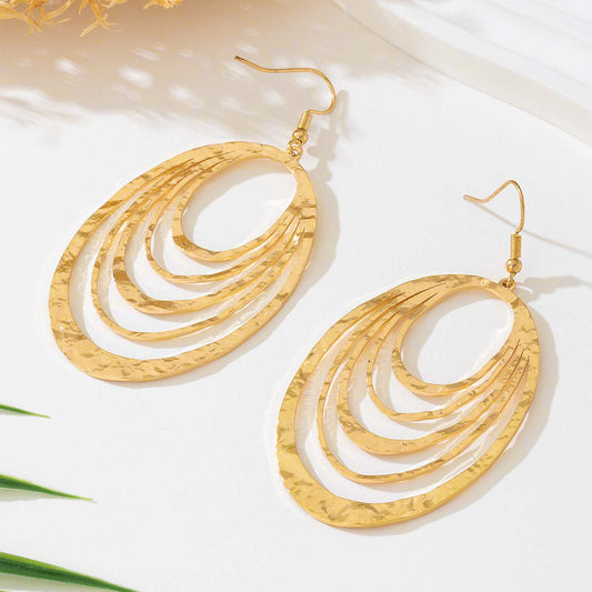 European And American Fashion Elegant 3 Layer Hollow Oval Shaped Big Gold-color Stainless Steel Dangle Drop Earrings AURISTRA 
