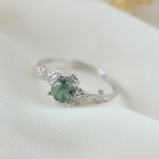 S925 Silver Green Moss Ring Water Plants Agate Stone Finger Ring AURISTRA 