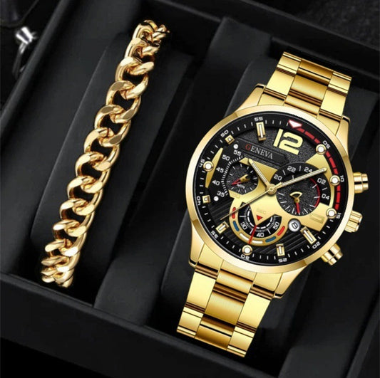 2pcs Men's New Popular Steel Strip Fashion Business Three Eye Quartz Watch Bracelet Set Valentine's Day Gifts AURISTRA 