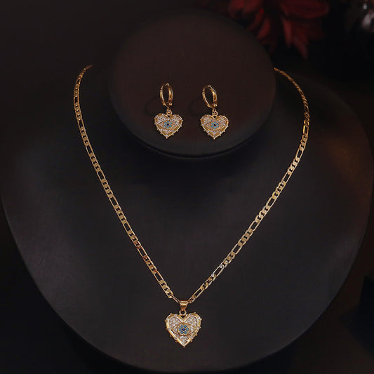 Fashion Jewelry Personality Copper Plated Real Gold Heart-shaped Zircon Pendant Necklace And Earrings Suite AURISTRA 