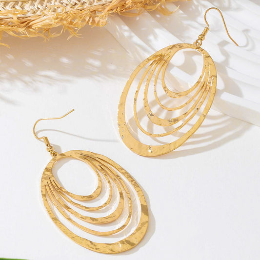 European And American Fashion Elegant 3 Layer Hollow Oval Shaped Big Gold-color Stainless Steel Dangle Drop Earrings AURISTRA 
