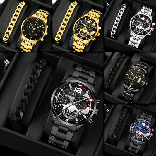 2pcs Men's New Popular Steel Strip Fashion Business Three Eye Quartz Watch Bracelet Set Valentine's Day Gifts AURISTRA 