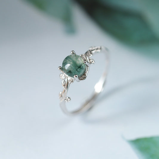 S925 Silver Green Moss Ring Water Plants Agate Stone Finger Ring AURISTRA 