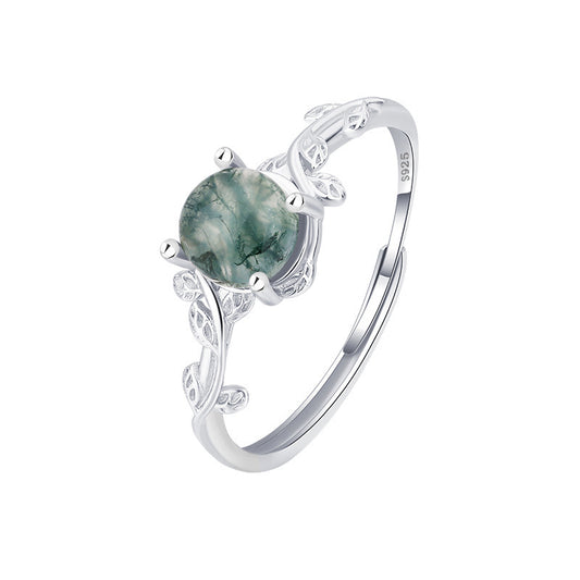 S925 Silver Green Moss Ring Water Plants Agate Stone Finger Ring AURISTRA 