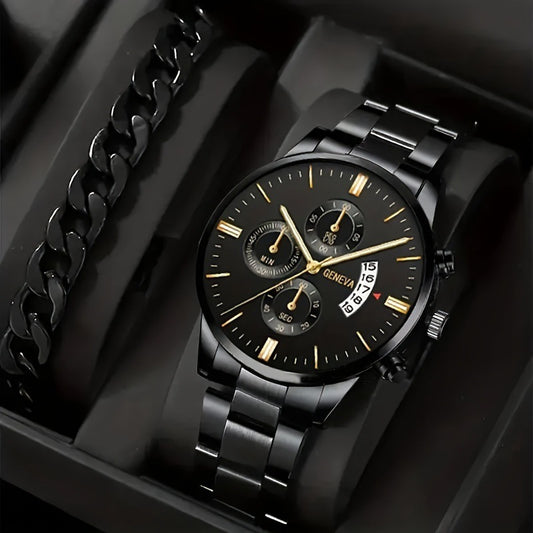2pcs Men's New Popular Steel Strip Fashion Business Three Eye Quartz Watch Bracelet Set Valentine's Day Gifts AURISTRA 