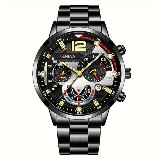 2pcs Men's New Popular Steel Strip Fashion Business Three Eye Quartz Watch Bracelet Set Valentine's Day Gifts AURISTRA 