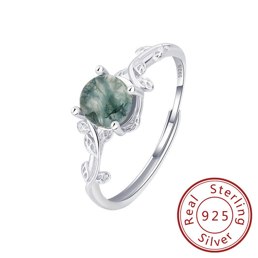 S925 Silver Green Moss Ring Water Plants Agate Stone Finger Ring AURISTRA 
