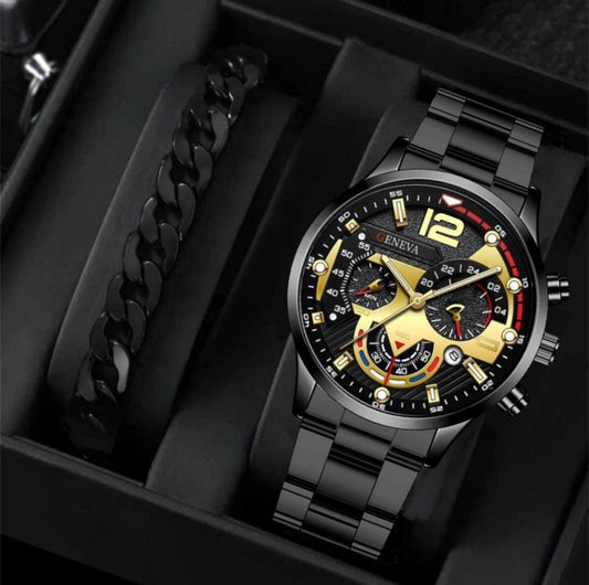 2pcs Men's New Popular Steel Strip Fashion Business Three Eye Quartz Watch Bracelet Set Valentine's Day Gifts AURISTRA 