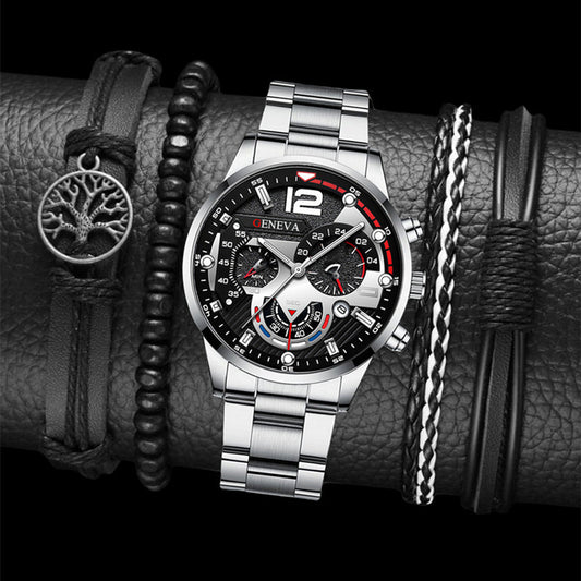 2pcs Men's New Popular Steel Strip Fashion Business Three Eye Quartz Watch Bracelet Set Valentine's Day Gifts AURISTRA 