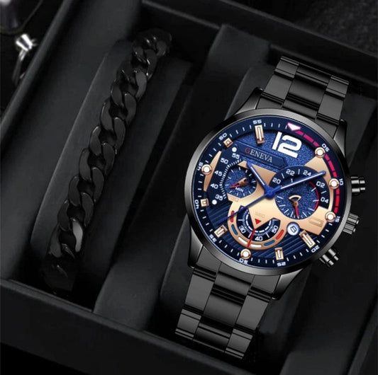2pcs Men's New Popular Steel Strip Fashion Business Three Eye Quartz Watch Bracelet Set Valentine's Day Gifts AURISTRA 