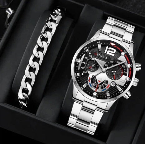 2pcs Men's New Popular Steel Strip Fashion Business Three Eye Quartz Watch Bracelet Set Valentine's Day Gifts AURISTRA 
