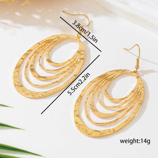 European And American Fashion Elegant 3 Layer Hollow Oval Shaped Big Gold-color Stainless Steel Dangle Drop Earrings AURISTRA 