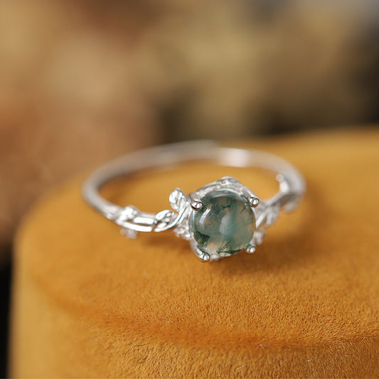 S925 Silver Green Moss Ring Water Plants Agate Stone Finger Ring AURISTRA 