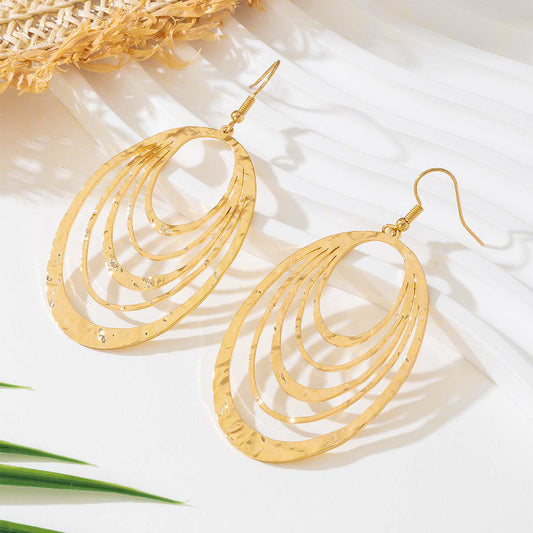 European And American Fashion Elegant 3 Layer Hollow Oval Shaped Big Gold-color Stainless Steel Dangle Drop Earrings AURISTRA 